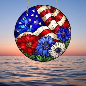 NIP! Beautiful Patriotic American Flag with Flowers Sign!